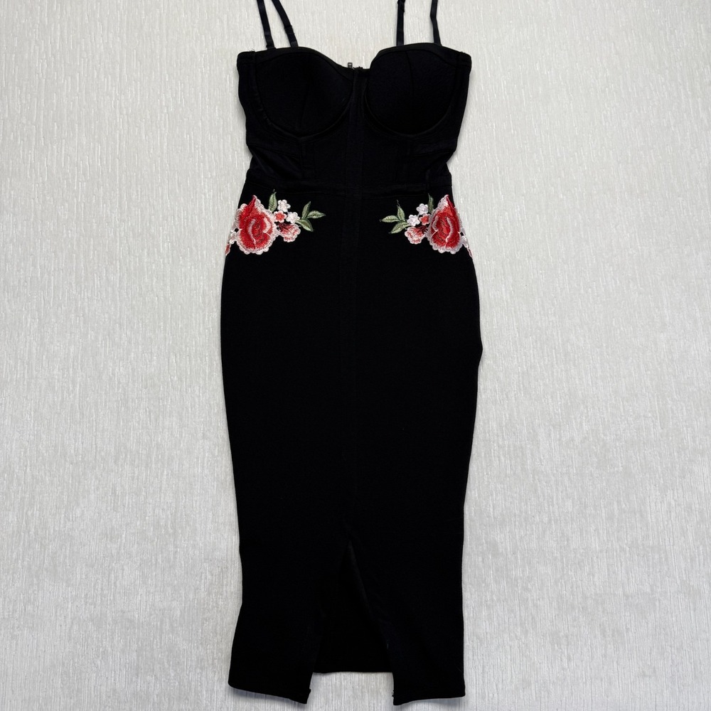 Material Girl Bustier Bodycon Dress Small Black Mesh Floral Rose Embroidered